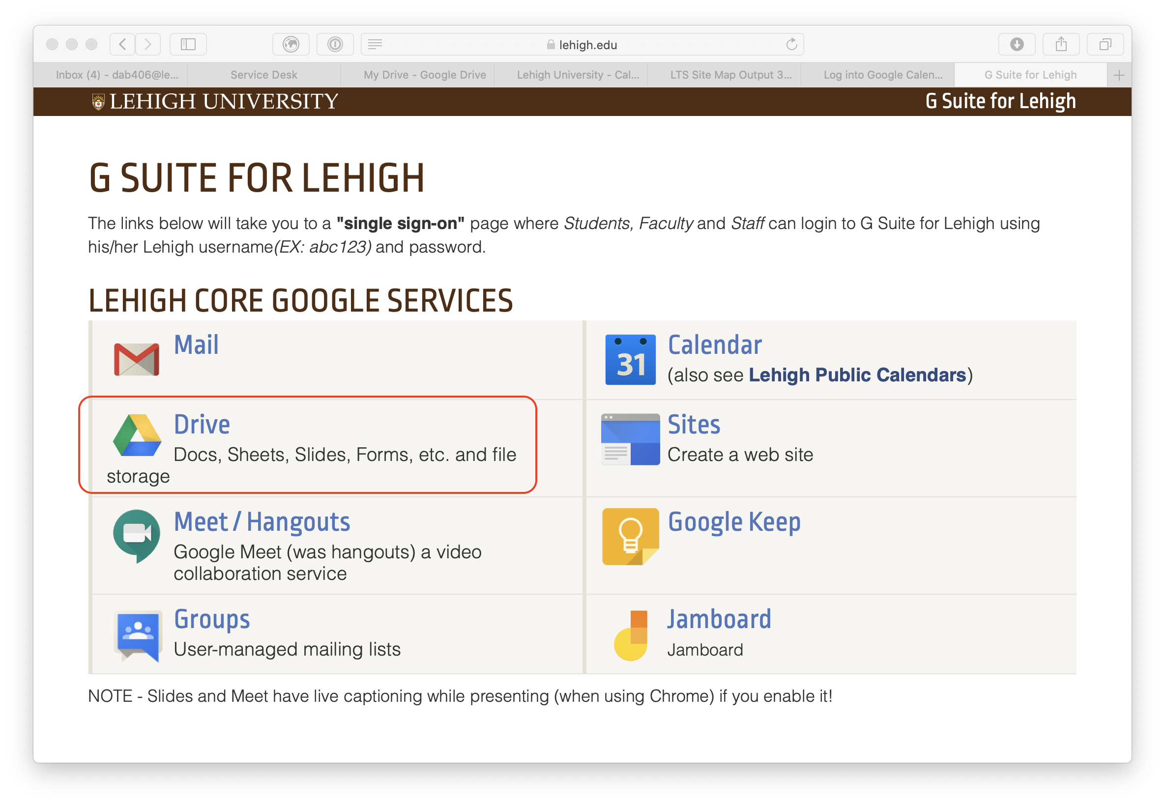 Google Drive Selected on g.lehigh.edu