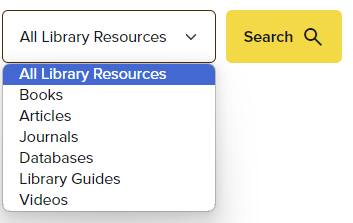 A drop-down with options All Library Resources, Books, Articles, Journals, Databases, Library Guides and Videos