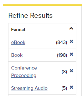 Links to refine Format, including eBook, Book, Conference Proceeding and Streaming Audio
