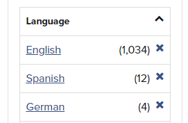 Links to refine the Language, including English, Spanish and German